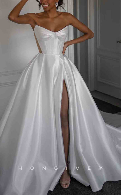 H1294 - Sexy Satin A-Line V-Neck Strapless Sleeveless Empire Illusion With Side Slit Train Wedding Dress