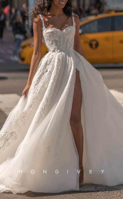H1295 - Sexy A-Line Sweetheart Spaghetti Straps Empire Appliques With Side Slit Wedding Dress