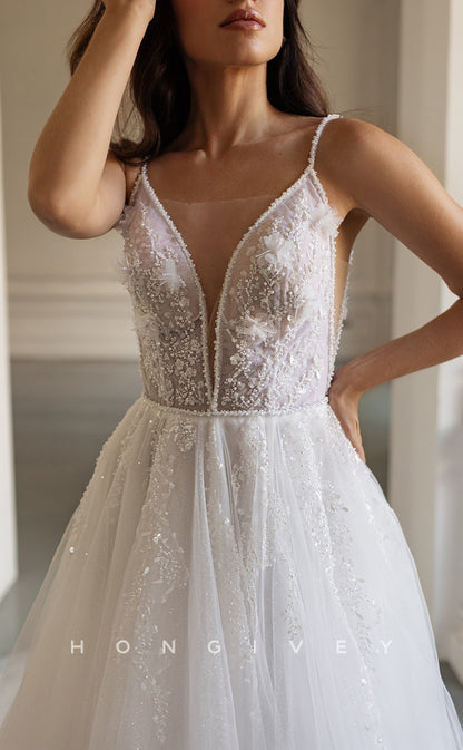 H1299 - Sexy Tulle A-Line V-Neck Spaghetti Straps Empire Beaded Appliques With Train Wedding Dress