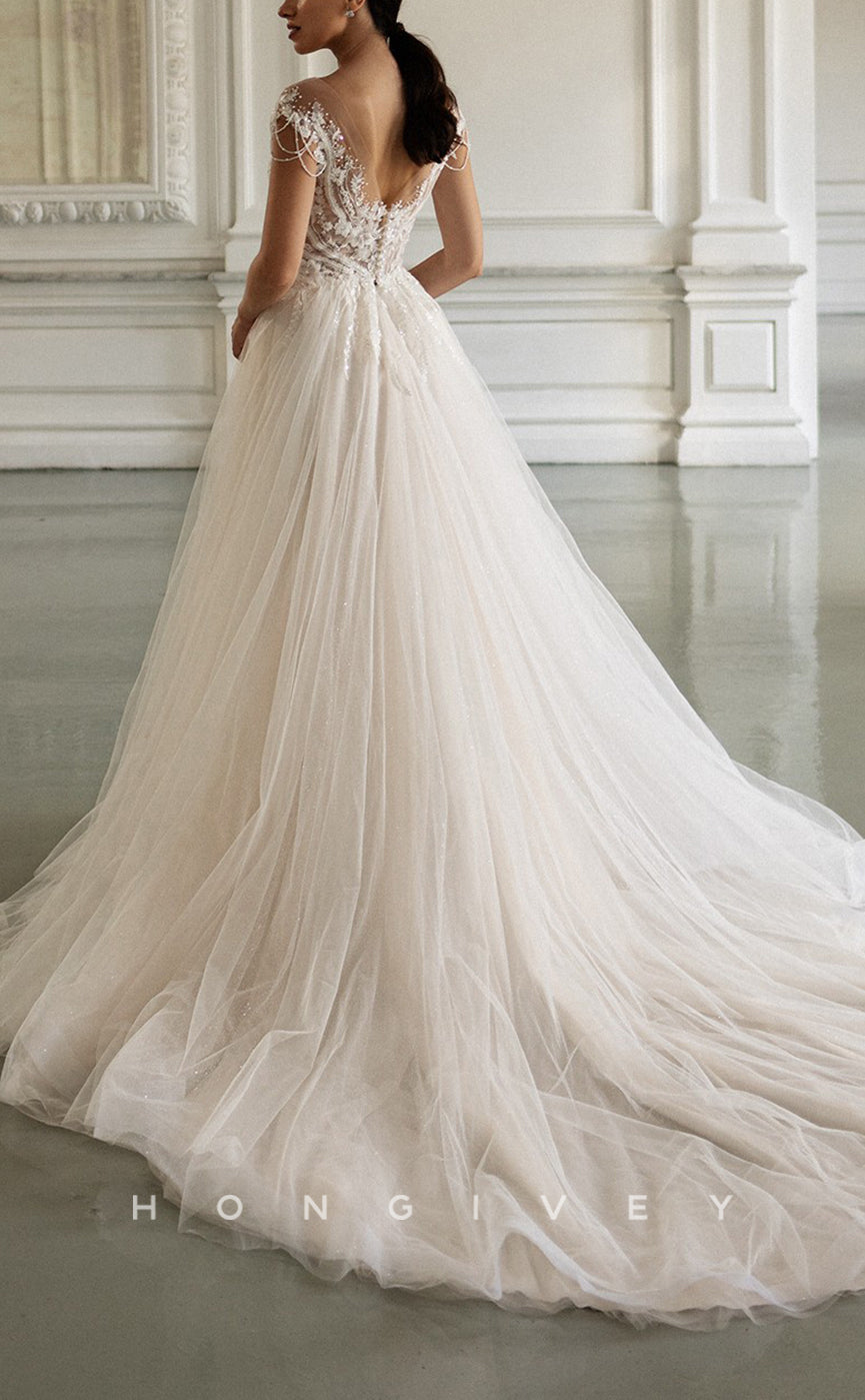 H1300 - Sexy Tulle A-Line Scoop Cap Sleeves Illusion Empire Beaded Appliques With Train Wedding Drerss