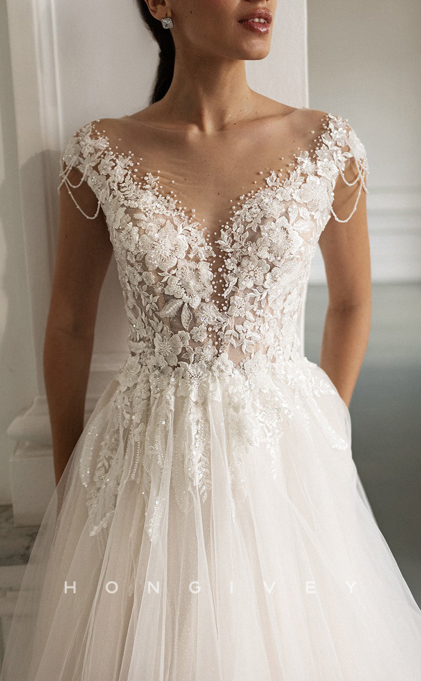 H1300 - Sexy Tulle A-Line Scoop Cap Sleeves Illusion Empire Beaded Appliques With Train Wedding Drerss