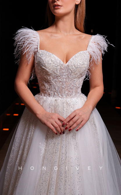 H1304 - Sexy Glitter Tulle A-Line Sweetheart Feathers Straps Sequined Beaded With Train Wedding Dress