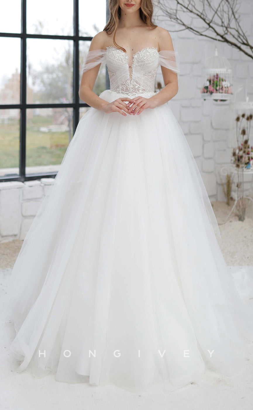 H1307 - Sexy Tulle A-Line V-Neck Off-Shoulder Empire Illusion Appliques With Train Wedding Dress