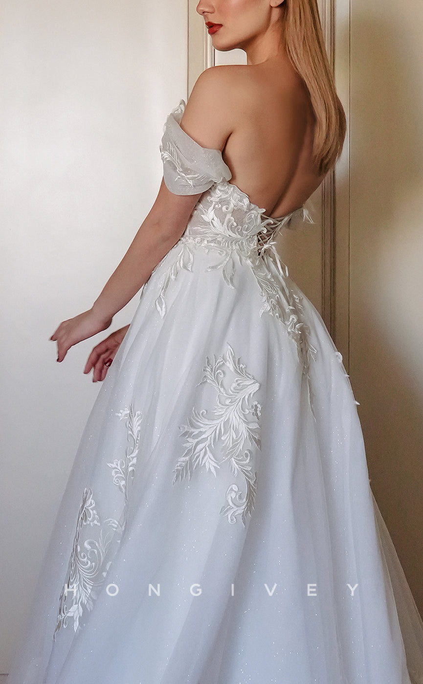 H1310 - Sexy Glitter Tulle A-Line Sweetheart Off-Shoulder Illusion Empire Appliques With Train Wedding Dress