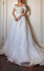 H1310 - Sexy Glitter Tulle A-Line Sweetheart Off-Shoulder Illusion Empire Appliques With Train Wedding Dress