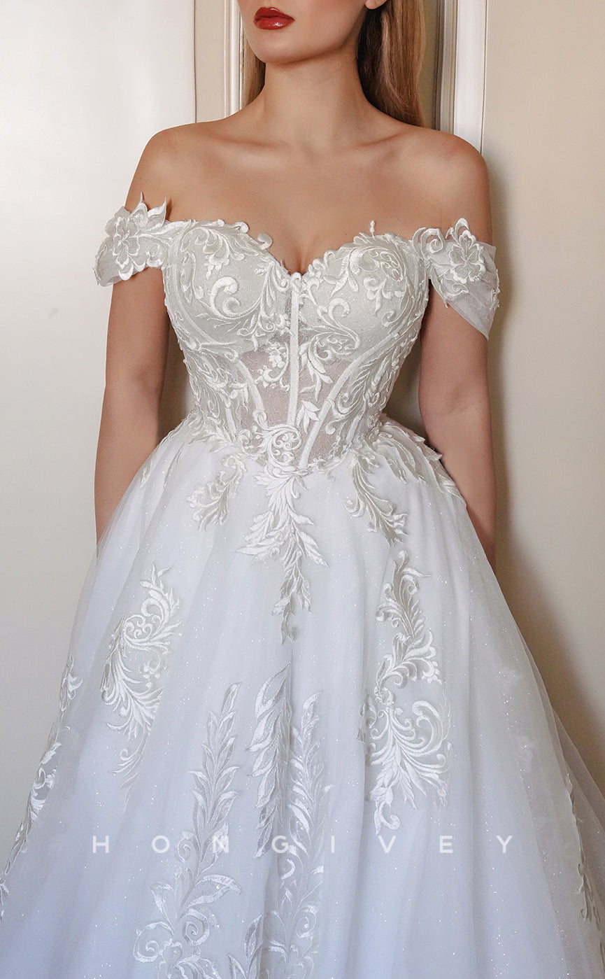 H1310 - Sexy Glitter Tulle A-Line Sweetheart Off-Shoulder Illusion Empire Appliques With Train Wedding Dress