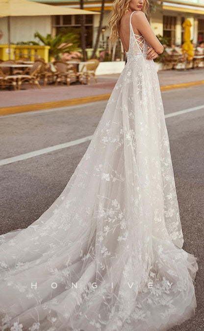 H1313 - Sexy Tulle Illusion A-Line V-Neck Spaghetti Straps Empire Beaded Appliques With Train Wedding Dress