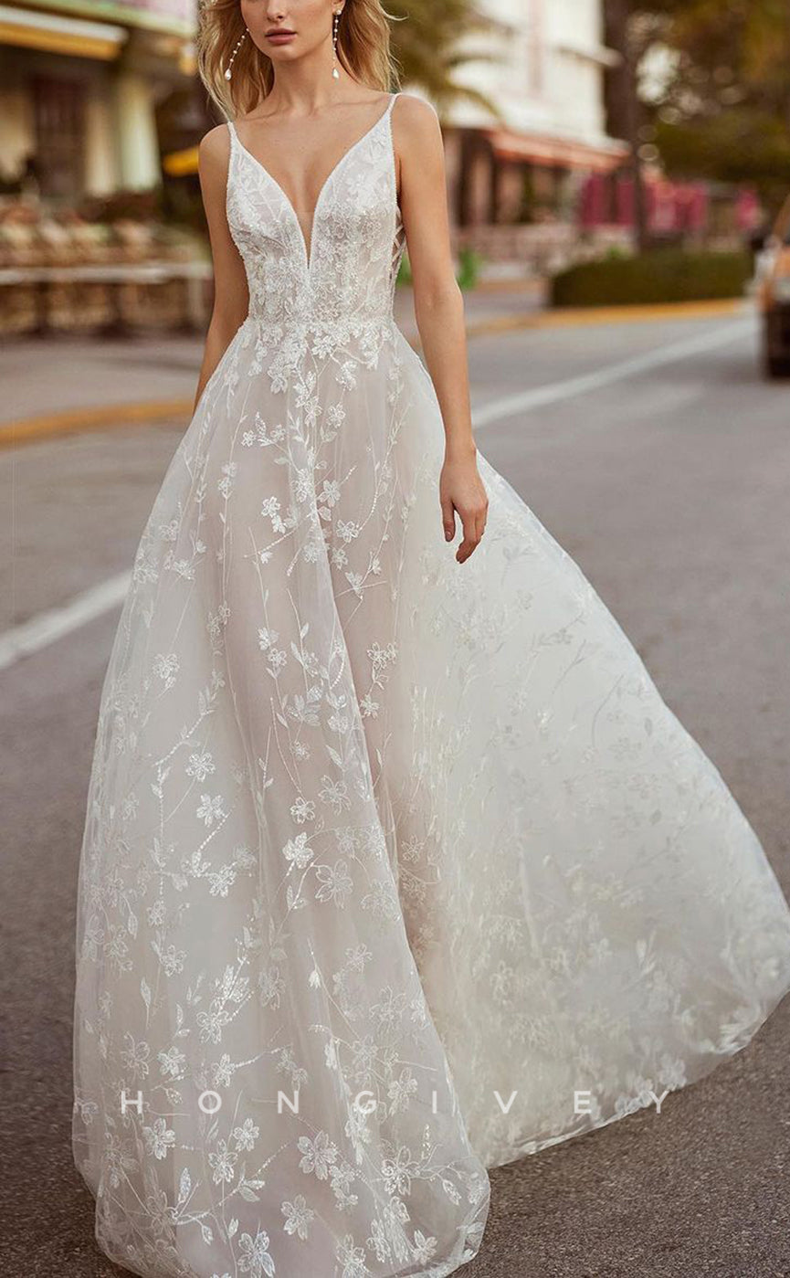 H1313 - Sexy Tulle Illusion A-Line V-Neck Spaghetti Straps Empire Beaded Appliques With Train Wedding Dress