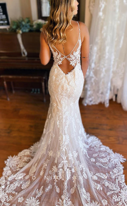 H1315 - Sexy Lace A-Line V-Neck Beaded Spaghetti Straps Empire Appliques With Train Wedding Dress