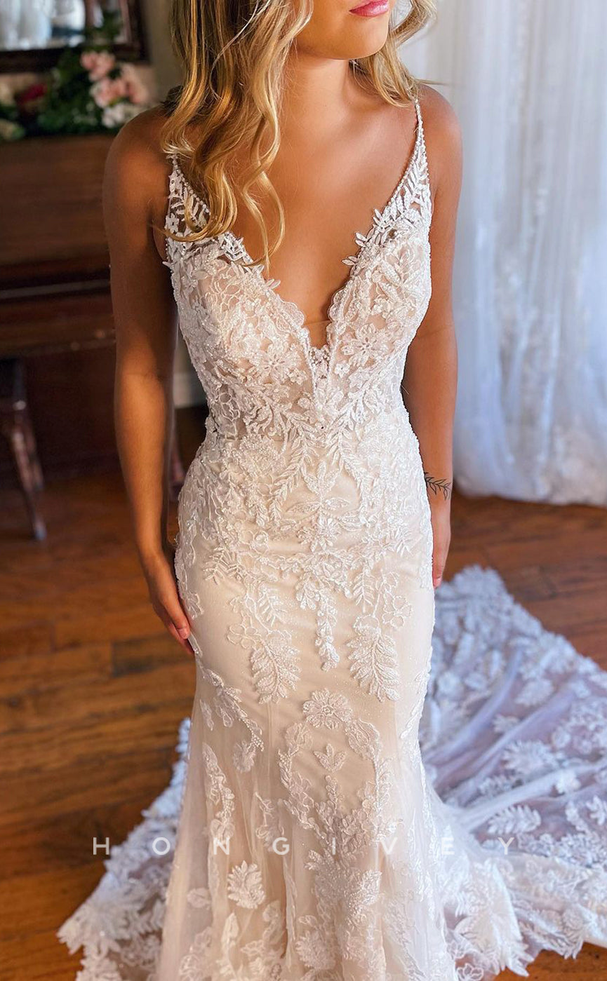 H1315 - Sexy Lace A-Line V-Neck Beaded Spaghetti Straps Empire Appliques With Train Wedding Dress