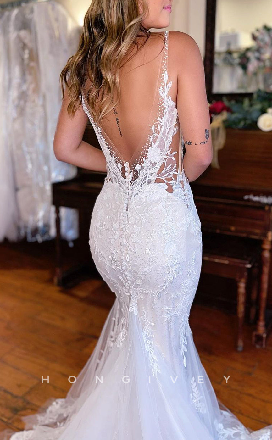 H1317 - Sexy Trumpt Tulle V-Neck Straps Empire Illusion Beaded Appliques With Train Wedding Dress