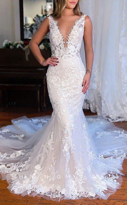 H1317 - Sexy Trumpt Tulle V-Neck Straps Empire Illusion Beaded Appliques With Train Wedding Dress