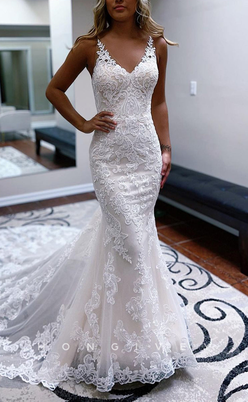 H1318 - Sexy Lace Trumpt V-Neck Spaghetti Straps Empire Fully Floral Appliqued With Train Wedding Dress