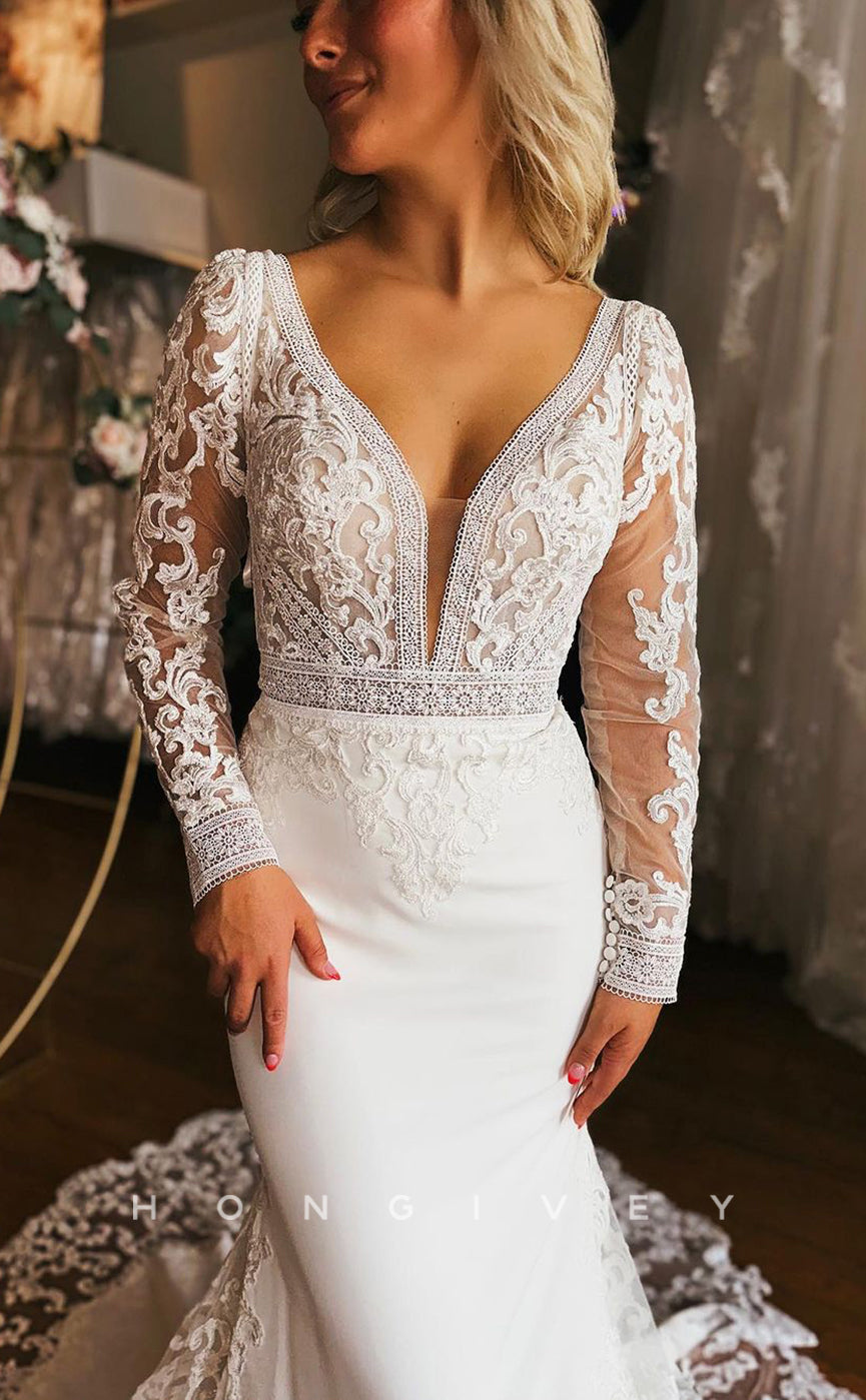 H1323 - Sexy Trumpt Two Tone V-Neck Long Sleeve Empire Appliques With Train Wedding Dress