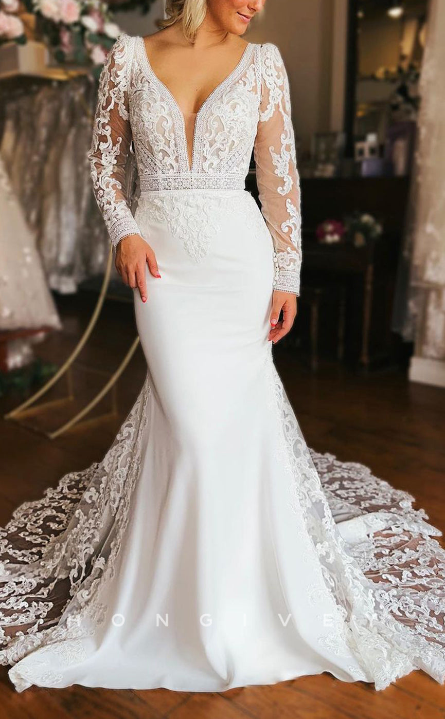 H1323 - Sexy Trumpt Two Tone V-Neck Long Sleeve Empire Appliques With Train Wedding Dress