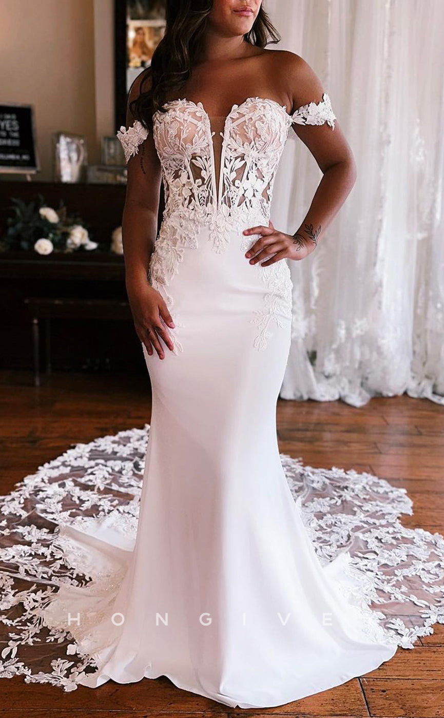 H1324 - Sexy Trumpt Two Tone Off-Shoulder Illusion Empire Appliques With Train Beach Wedding Dress