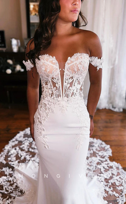 H1324 - Sexy Trumpt Two Tone Off-Shoulder Illusion Empire Appliques With Train Beach Wedding Dress