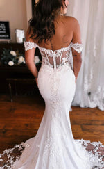 H1324 - Sexy Trumpt Two Tone Off-Shoulder Illusion Empire Appliques With Train Beach Wedding Dress