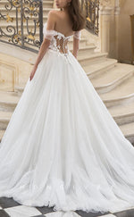 H1326 - Sexy Glitter Tulle A-Line Off-Shoulder Illusion Empire Floral  Appliques With Train Wedding Dress