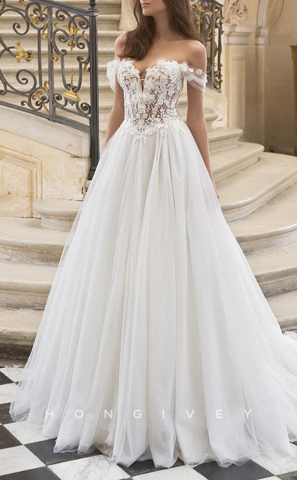 H1326 - Sexy Glitter Tulle A-Line Off-Shoulder Illusion Empire Floral  Appliques With Train Wedding Dress