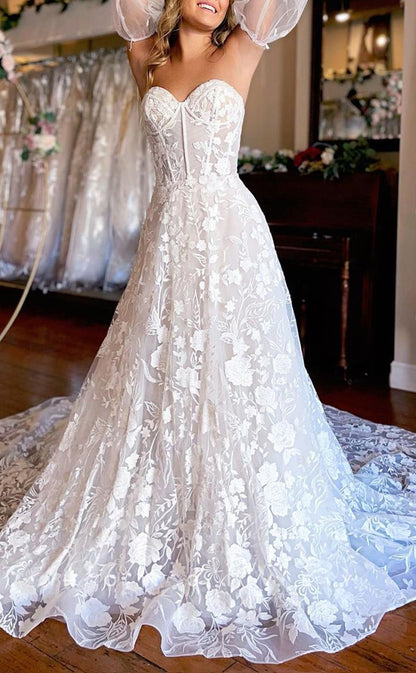 H1327 - Sexy Satin A-Line Sweetheart Long Puff Sleeves Empire Floral Appliqued With Train Wedding Dress