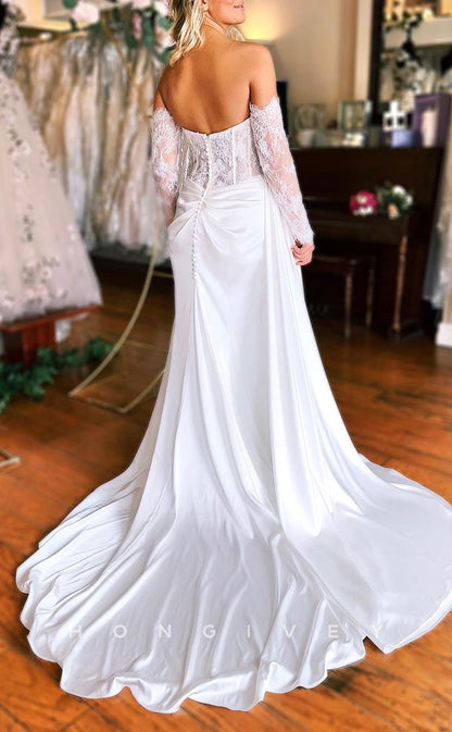 H1328 - Sexy Fitted Two Tone Sweetheart Lace Sleeves Illusion Empire Ruched With Train Wedding Dress