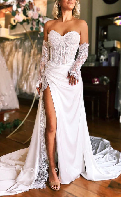 H1328 - Sexy Fitted Two Tone Sweetheart Lace Sleeves Illusion Empire Ruched With Train Wedding Dress