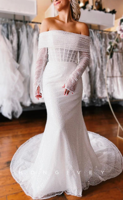 H1330 - Sexy Trumpt Glitter Tulle Detachable Off-Shoulder Long Sleeve Empire With Train Wedding Dress