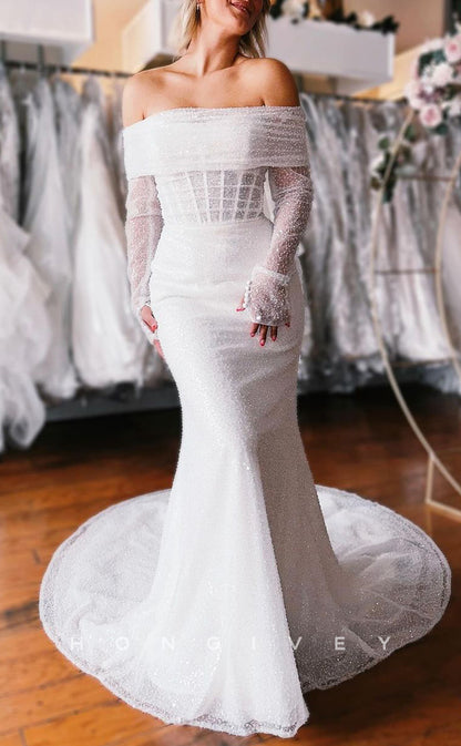 H1330 - Sexy Trumpt Glitter Tulle Detachable Off-Shoulder Long Sleeve Empire With Train Wedding Dress