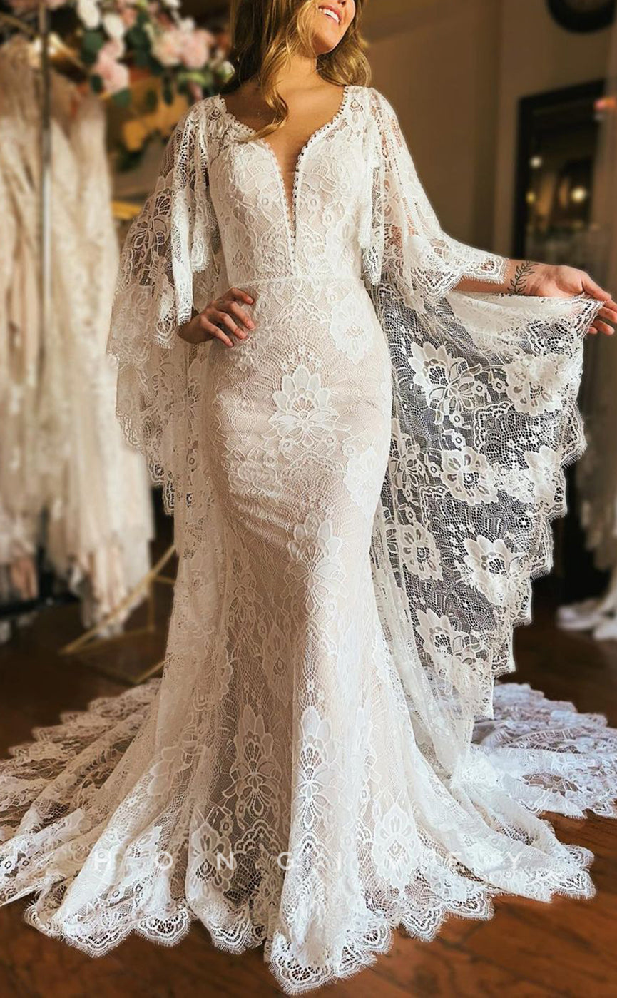 H1331 - Sexy Lace Trumpt V-Neck Empire Appliques With Overskirt Train Boho Wedding Dress