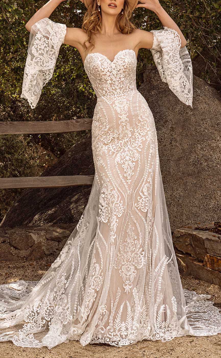 H1345 - Sexy Satin A-Line Sweetheart With Long Bell Sleeves Empire Appliques Train Boho Wedding Dress