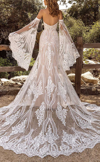 H1345 - Sexy Satin A-Line Sweetheart With Long Bell Sleeves Empire Appliques Train Boho Wedding Dress