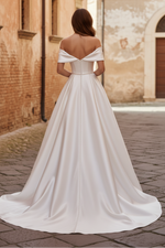 Sexy Satin A-Line Off-Shoulder Empire Beaded Embroidery With Pockets Train Wedding Dress