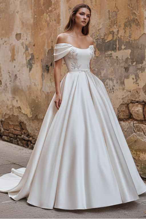 Sexy Satin A-Line Off-Shoulder Empire Beaded Embroidery With Pockets Train Wedding Dress
