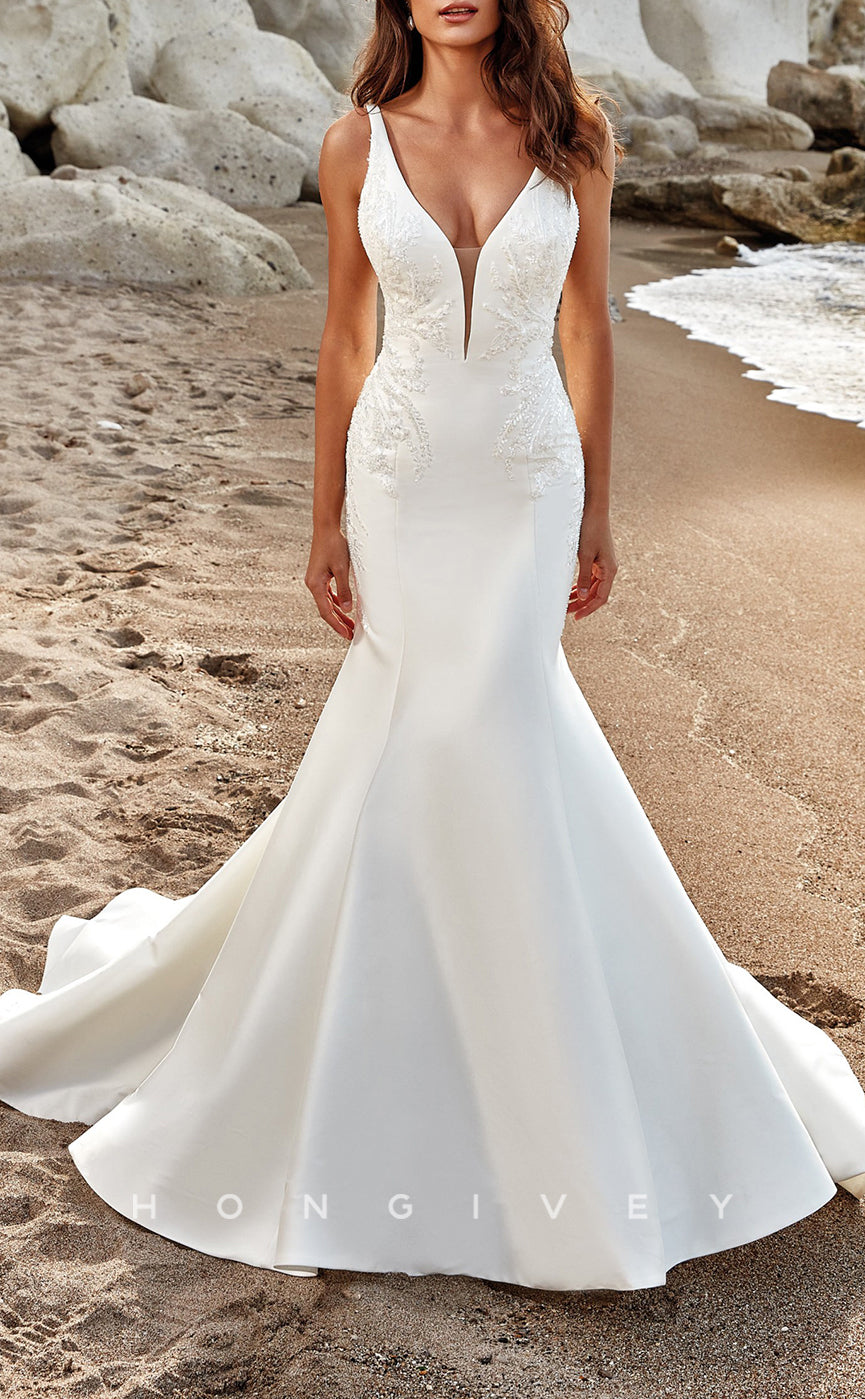H1379 - Sexy Satin Trumpet V-Neck Straps Sleeveless  Empire Beaded Appliques With Train Wedding Dress