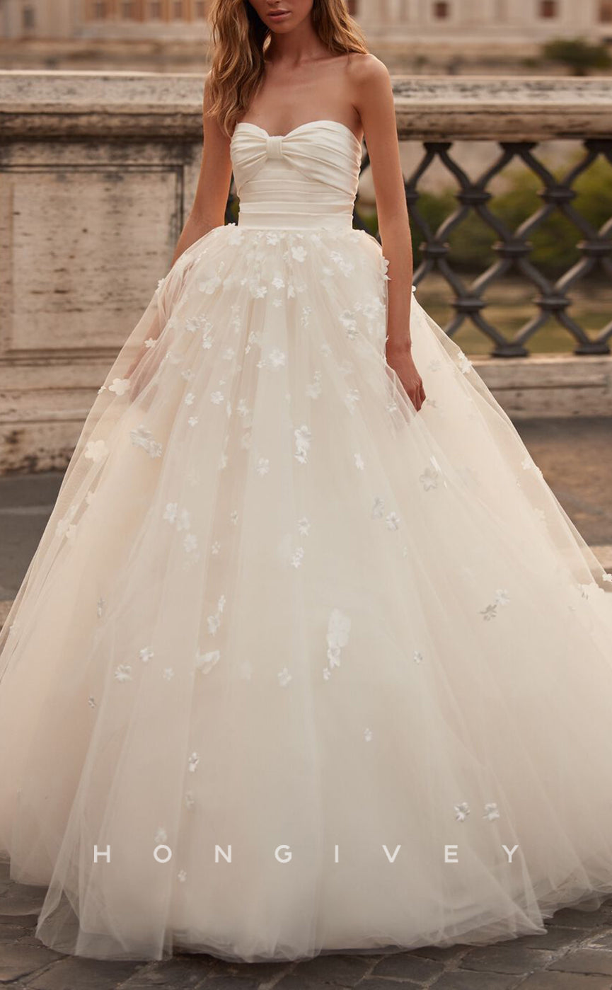 H1383 - Sexy Tulle A-Line Sweetheart Strapless Empire Floral Embossed With Tulle Train Wedding Dress