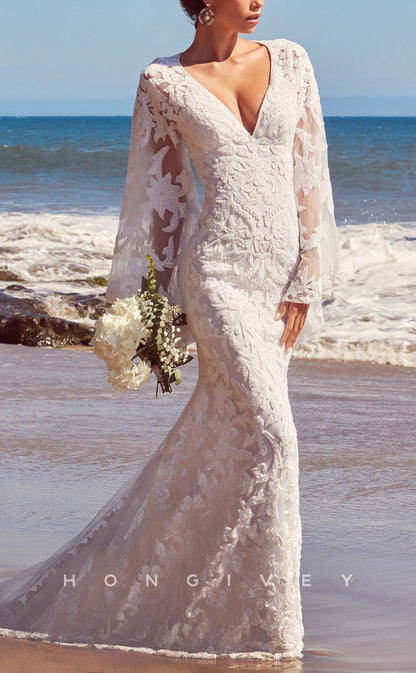 H1385 - Sexy Satin Trumpet V-Neck Long Sleeve Empire Appliques With Lace Train Beach Wedding Dress