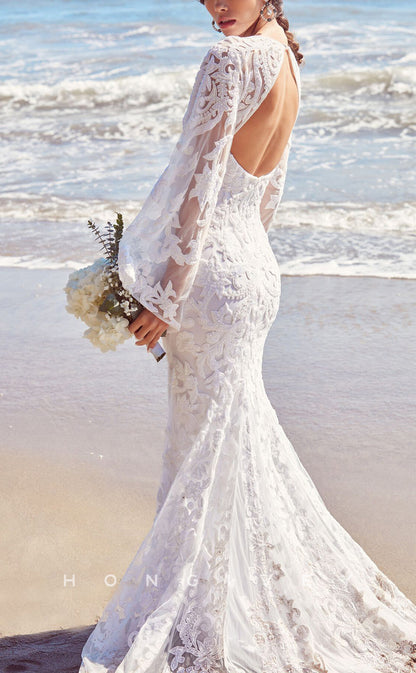 H1385 - Sexy Satin Trumpet V-Neck Long Sleeve Empire Appliques With Lace Train Beach Wedding Dress