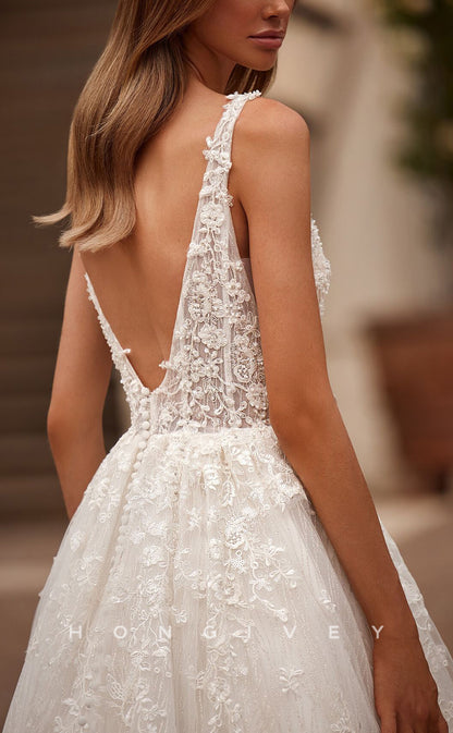H1386 - Sexy A-Line Tulle V-Neck Spaghetti Straps Empire Lace Appliques With Train Wedding Dress