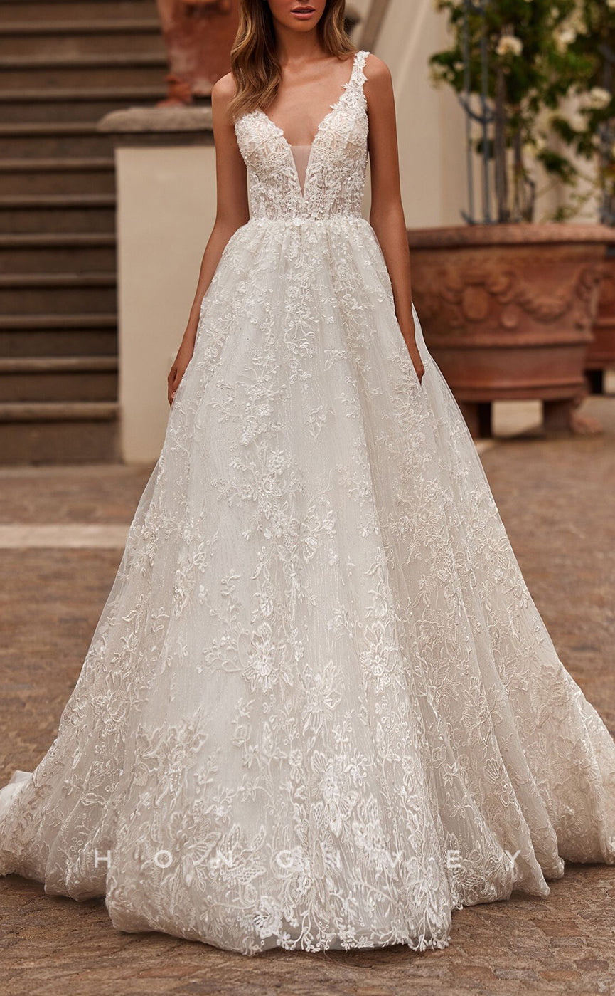 H1386 - Sexy A-Line Tulle V-Neck Spaghetti Straps Empire Lace Appliques With Train Wedding Dress