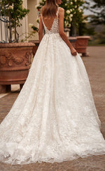 H1386 - Sexy A-Line Tulle V-Neck Spaghetti Straps Empire Lace Appliques With Train Wedding Dress