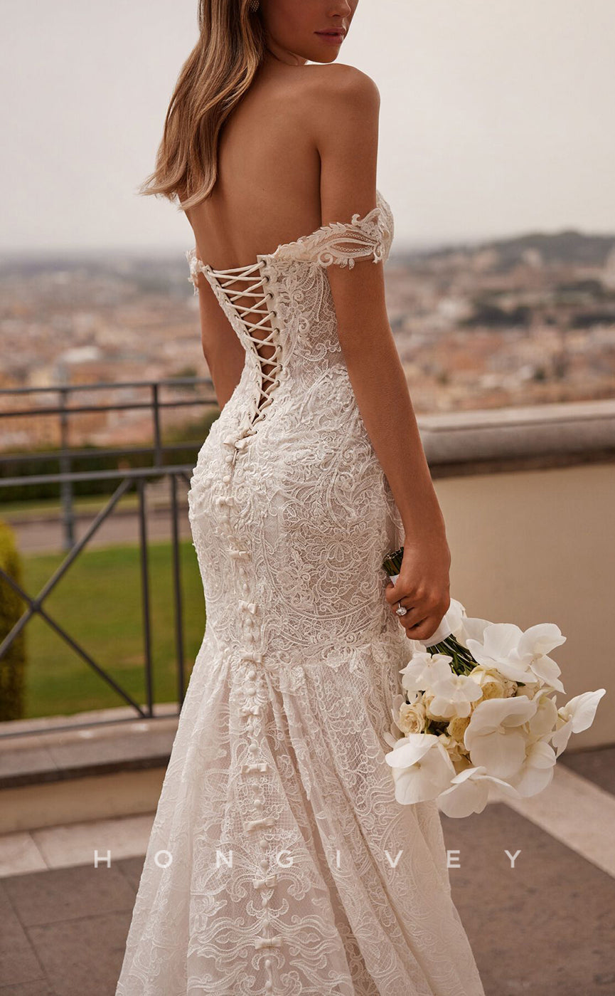 H1388 - Sexy Lace Trumpet Off-Shoulder Empire Fully Appliques With Train Wedding Dress