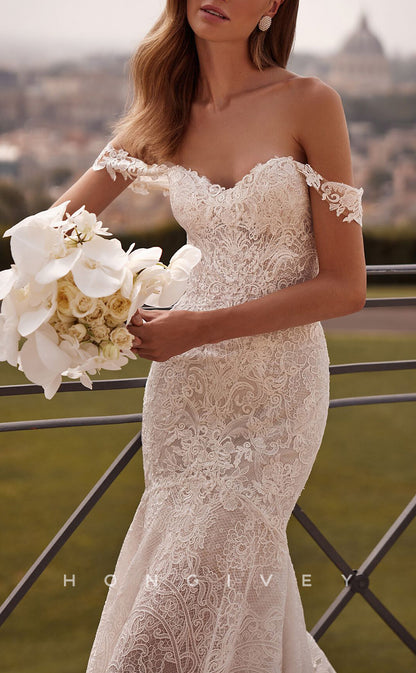 H1388 - Sexy Lace Trumpet Off-Shoulder Empire Fully Appliques With Train Wedding Dress
