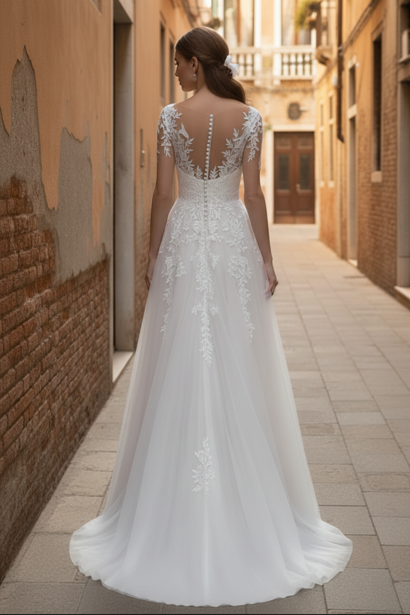 Sexy Tulle A-Line V-Neck Lace Long Sleeve Empire Appliques With Train Wedding Dress