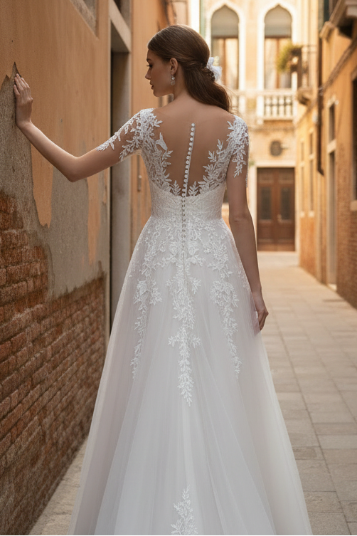 Sexy Tulle A-Line V-Neck Lace Long Sleeve Empire Appliques With Train Wedding Dress