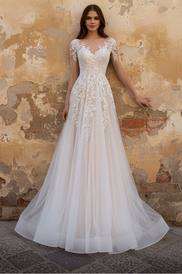 Sexy Tulle A-Line V-Neck Lace Long Sleeve Empire Appliques With Train Wedding Dress