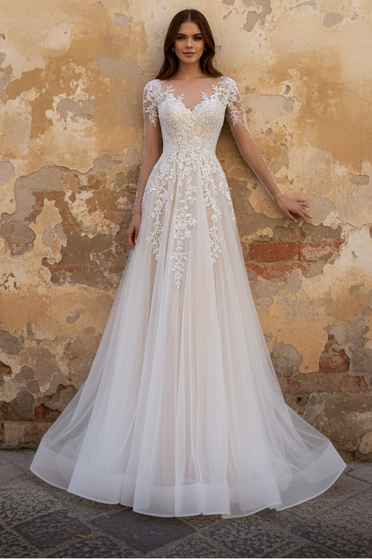 Sexy Tulle A-Line V-Neck Lace Long Sleeve Empire Appliques With Train Wedding Dress