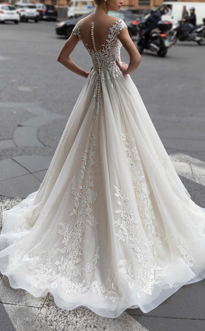 H1395 - Sexy Tulle A-Line Sweetheart Cap Sleeves Empire Appliques Beaded Wedding Dress