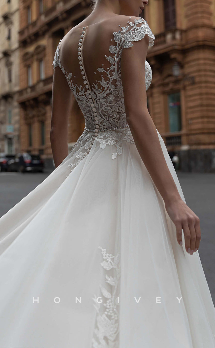 H1395 - Sexy Tulle A-Line Sweetheart Cap Sleeves Empire Appliques Beaded Wedding Dress