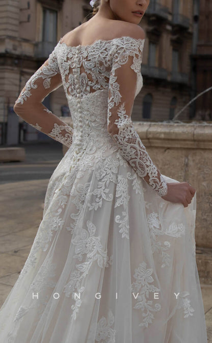 H1396 - Sexy Tulle A-Line Off-Shoulder Lace Long Sleeve Empire Appliques With Train Wedding Dress